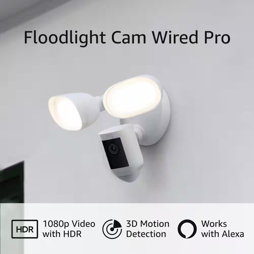 Floodlight Cam Wired Pro - Smart Security Video Camera with 2 LED Lights, Dual Band Wifi, 3D Motion Detection, White