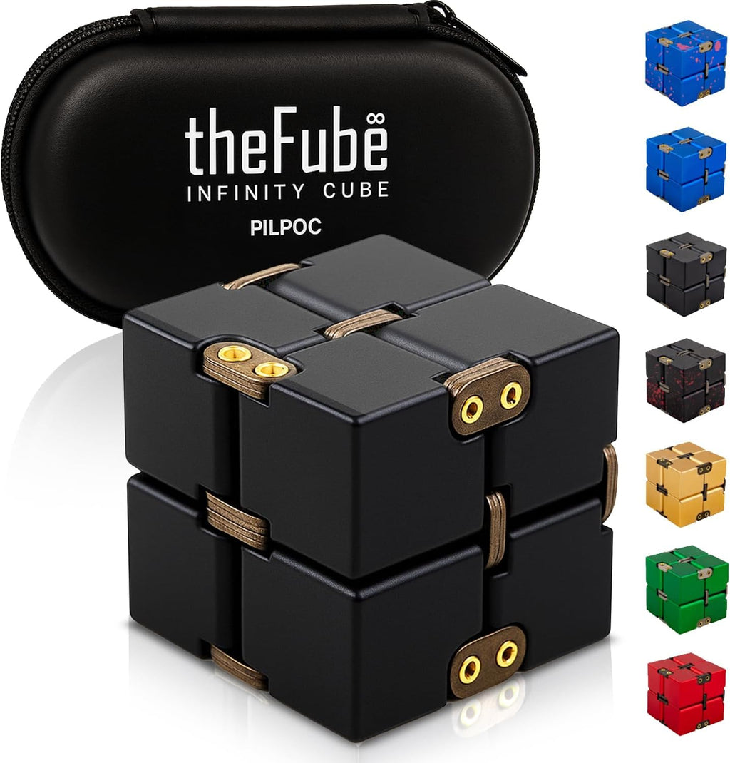 Thefube Infinity Cube Fidget Toys Adults - Aluminum Infinite Magic Cube with Case, Sturdy, Heavy, Relieve Stress and Anxiety, for ADD, ADHD, OCD (Black)