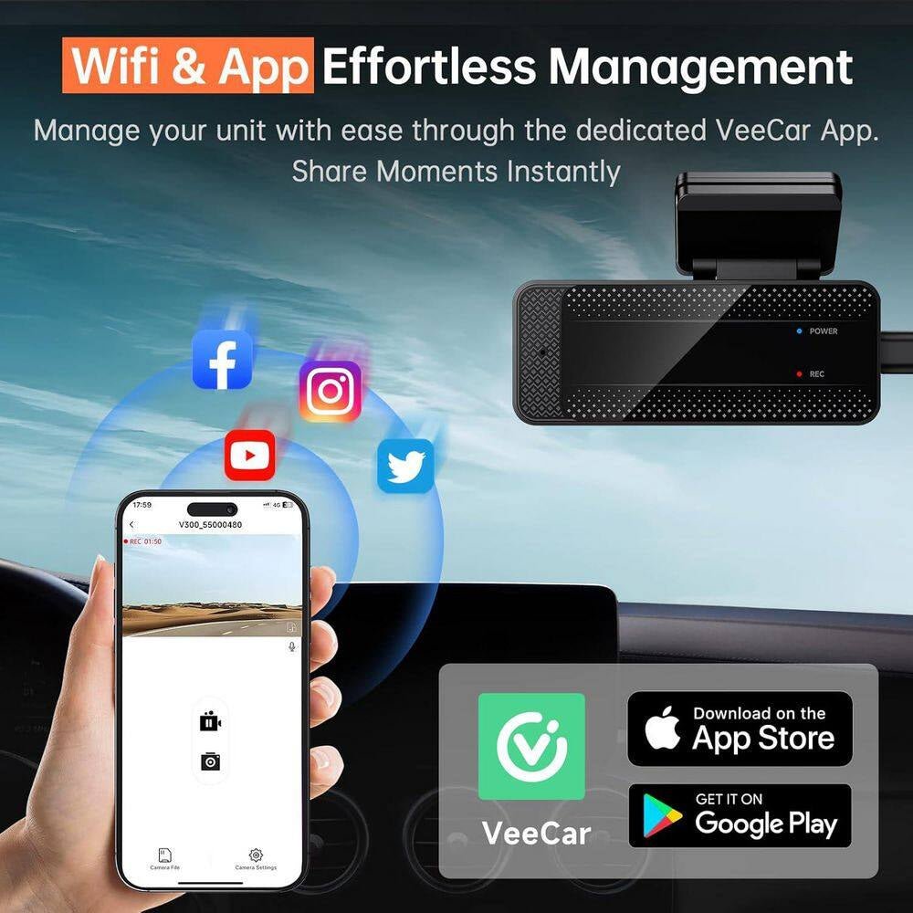 1296P HD Wifi Dash Camera with Night Vision, Loop Recording, and Parking Mode
