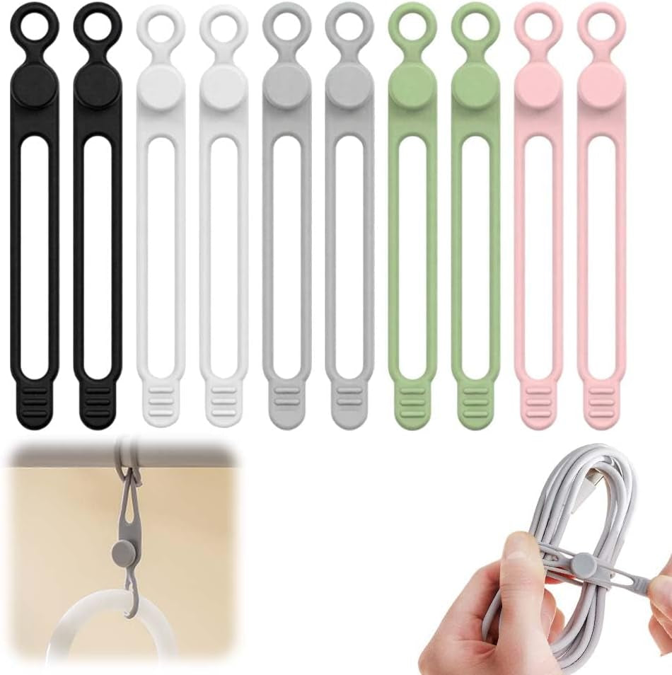 10PC Data Cable Organizer, 2026 Upgrade Silicone Cable Ties Reusable Cable Management Organizers, Multipurpose Elastic Cord Organizer for Fastening and Bundling Cable Cords Wires (A)