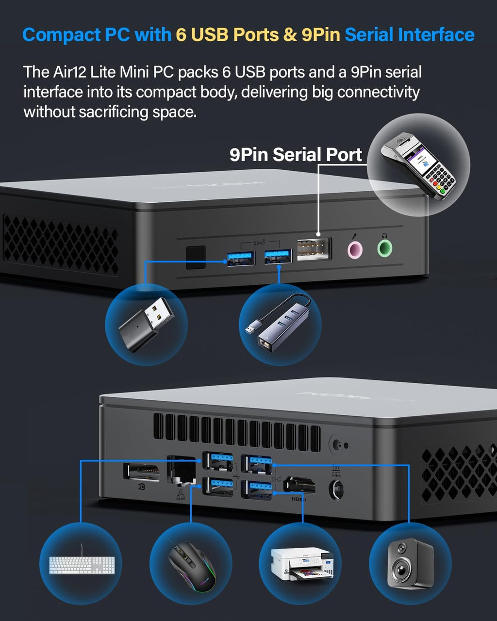 Air12 Lite Mini PC (3-Year Quality Support),With 12Th Gen Intel N150 (Upgraded N100),16GB RAM 512GB Nvme Pcie M.2 SSD,6 USB Ports 9-Pin Mini Desktop Computer for Home/Business/Office