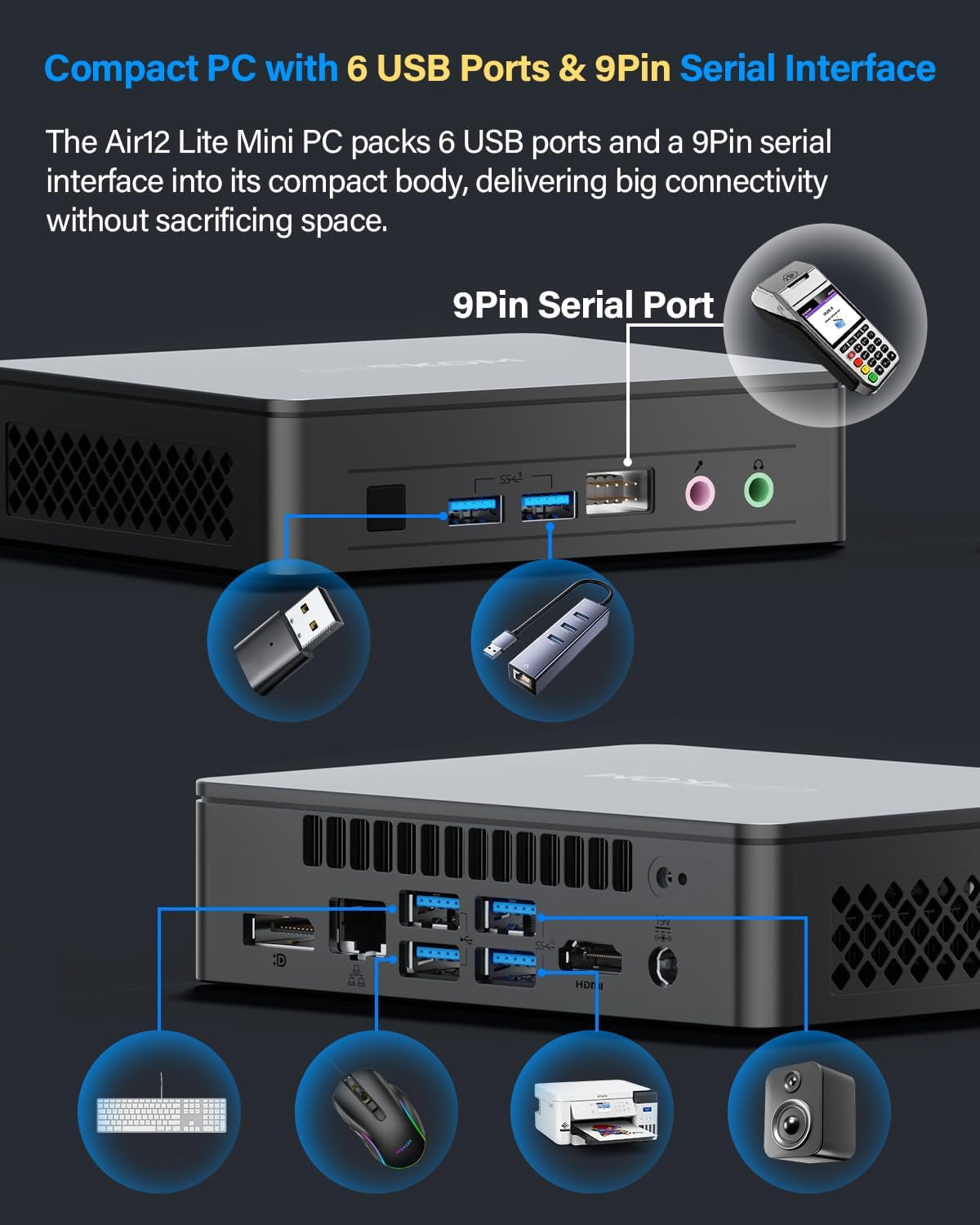 Air12 Lite Mini PC (3-Year Quality Support),With 12Th Gen Intel N150 (Upgraded N100),16GB RAM 512GB Nvme Pcie M.2 SSD,6 USB Ports 9-Pin Mini Desktop Computer for Home/Business/Office
