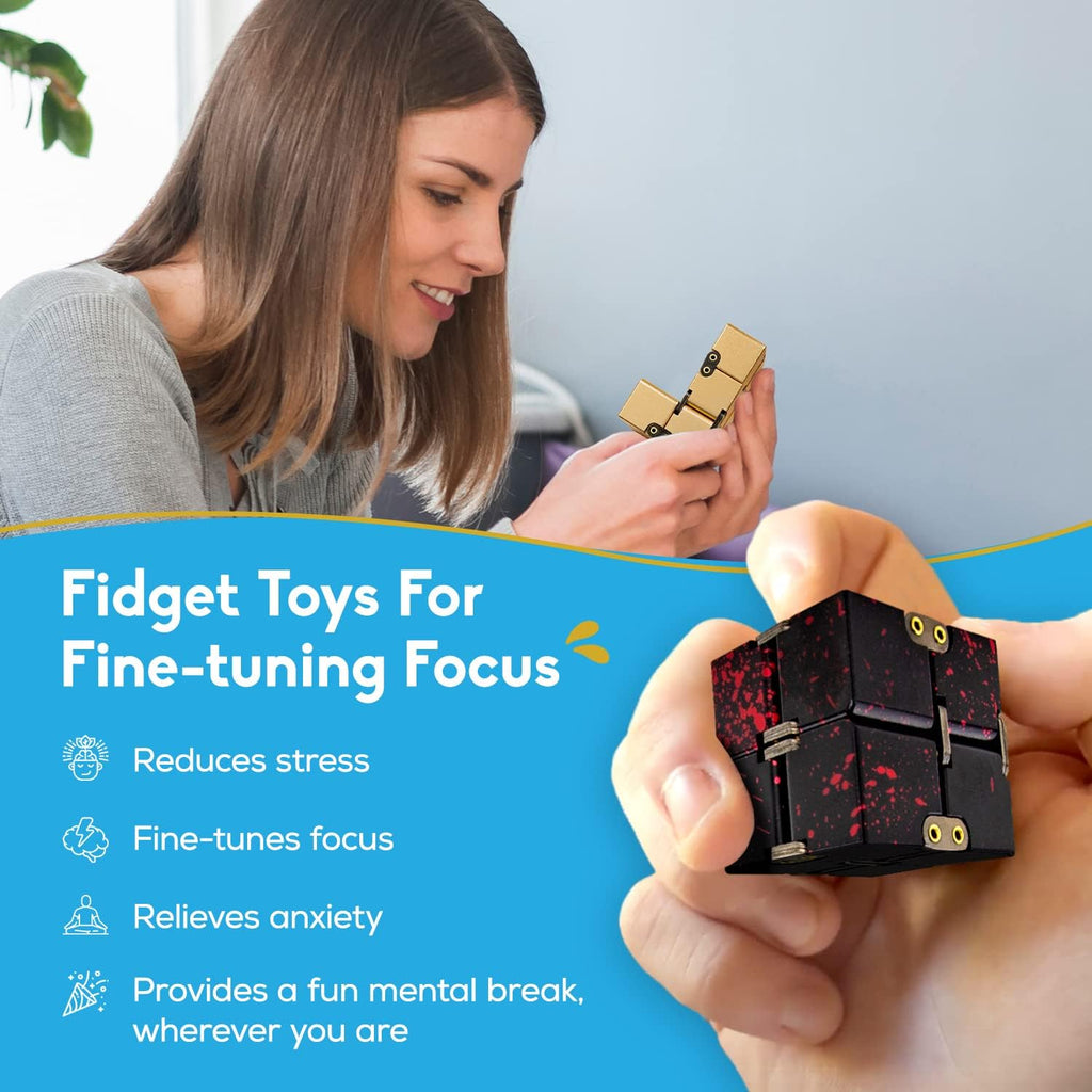 Thefube Infinity Cube Fidget Toys Adults - Aluminum Infinite Magic Cube with Case, Sturdy, Heavy, Relieve Stress and Anxiety, for ADD, ADHD, OCD (Black)