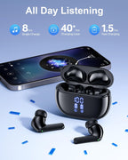 Wireless Earbuds, Bluetooth Ear Buds Headphones, 40H Long Playtime, Stereo Deep Bass, LED Power Display, IPX7, Lightweight in Ear Earphone with Mic for Iphone Android Phone