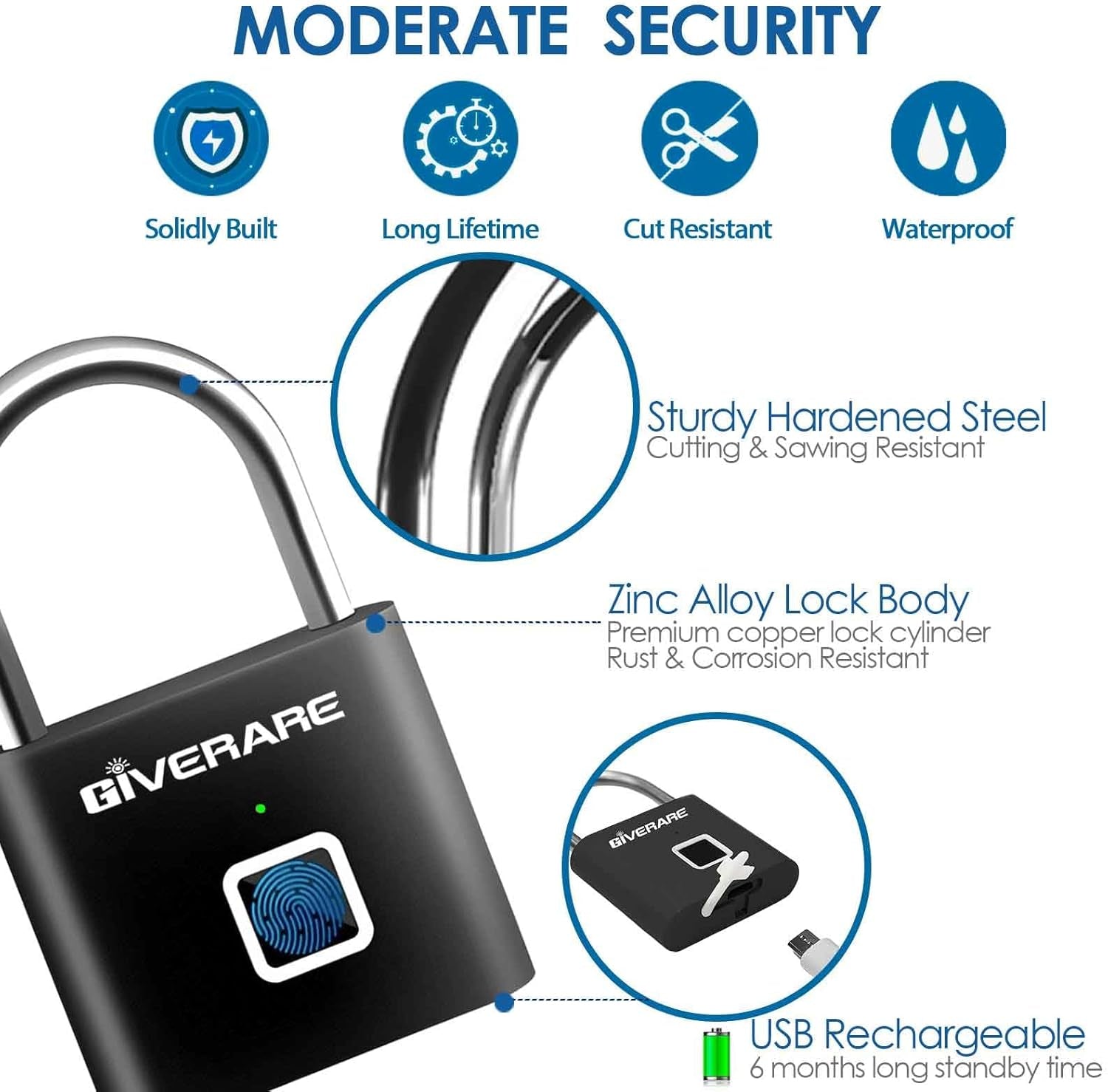 Fingerprint Smart Padlock, Biometric Metal Keyless Thumbprint Lock Alloy, USB Rechargeable, Quick Unlock Waterproof Rustproof Locks for Warehouses, Gym, Homes, Office, School Locker, Luggage-Black