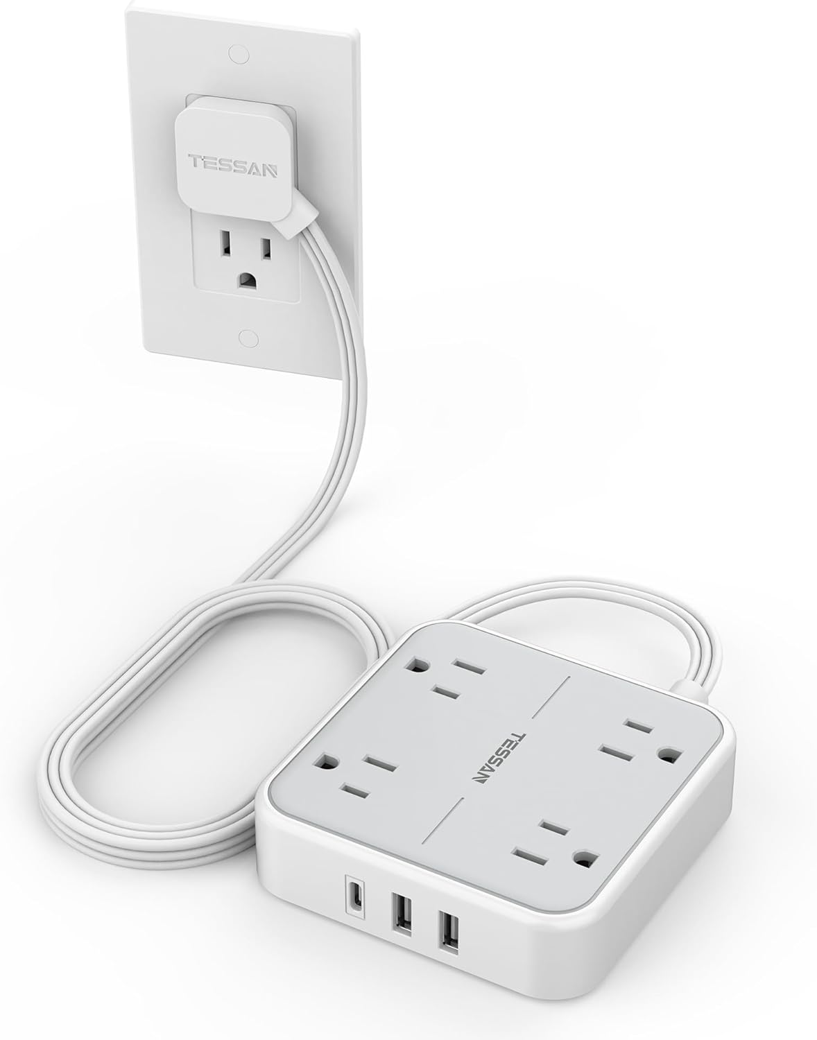 Surge Protector Flat Extension Cord 5Ft,  Flat Plug Power Strip with 4 Outlets 3 USB Ports (1 USB C), 900 Joules Protection, Multiple Wall Outlet Extender Suitable for Home Office Dorm, Grey