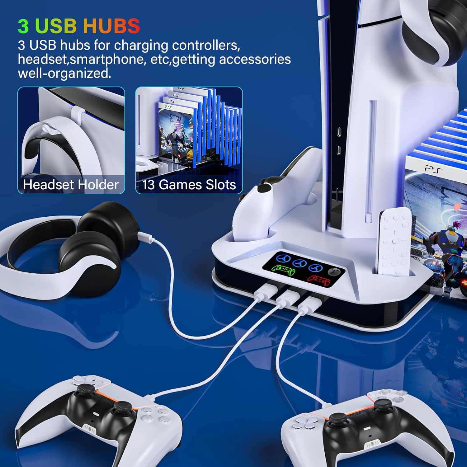 Ps5/Slim/Pro Cooling Station with Controller Charging Station for Sony PSP Console Playstation 5 Slim&Standard Disc/Digital Console, PS5 Pro Stand Cooler Accessories Incl Cooling Fan/3 USB Hubs