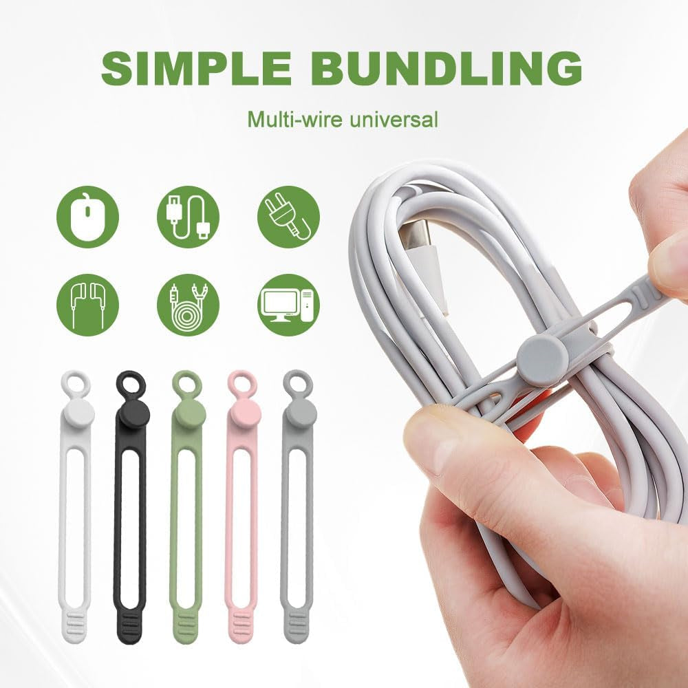 10PC Data Cable Organizer, 2026 Upgrade Silicone Cable Ties Reusable Cable Management Organizers, Multipurpose Elastic Cord Organizer for Fastening and Bundling Cable Cords Wires (A)