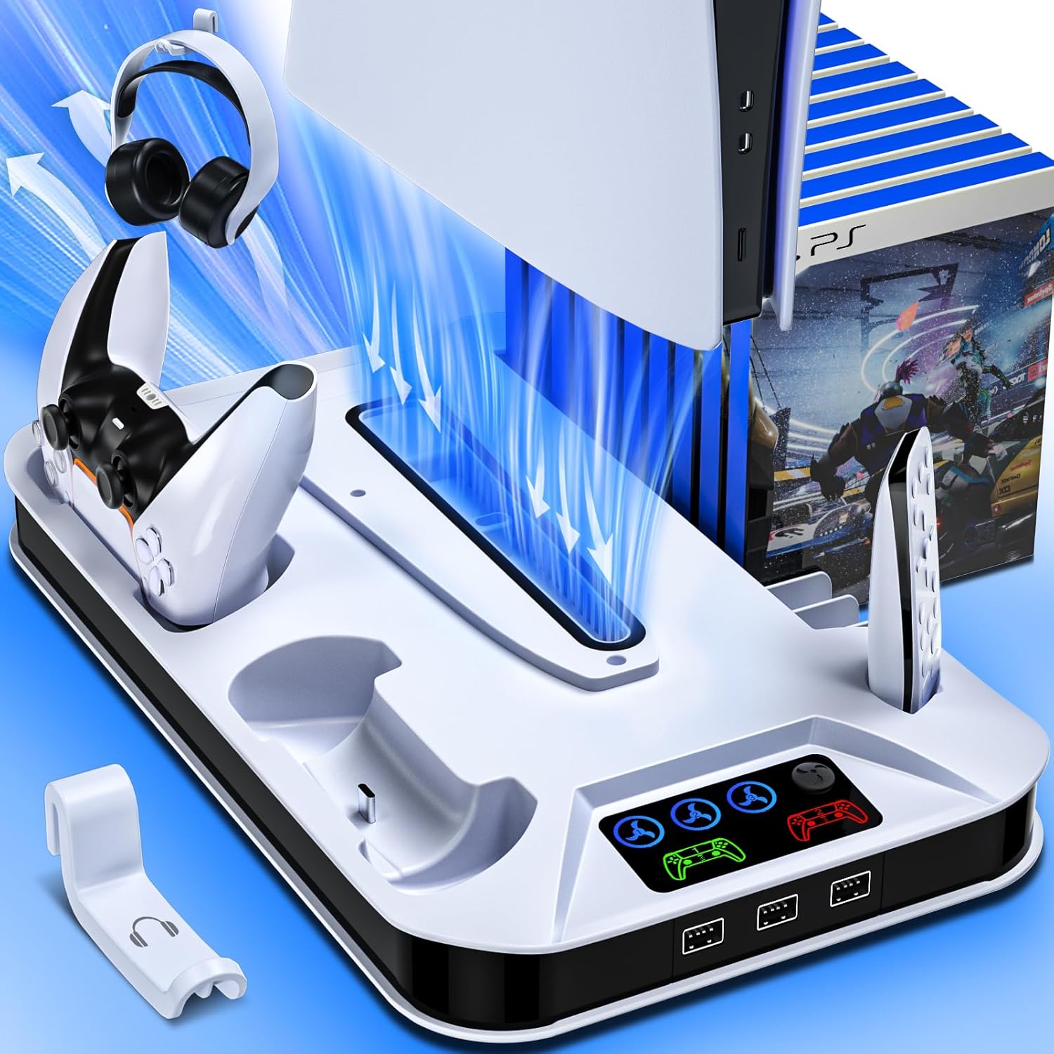 Ps5/Slim/Pro Cooling Station with Controller Charging Station for Sony PSP Console Playstation 5 Slim&Standard Disc/Digital Console, PS5 Pro Stand Cooler Accessories Incl Cooling Fan/3 USB Hubs