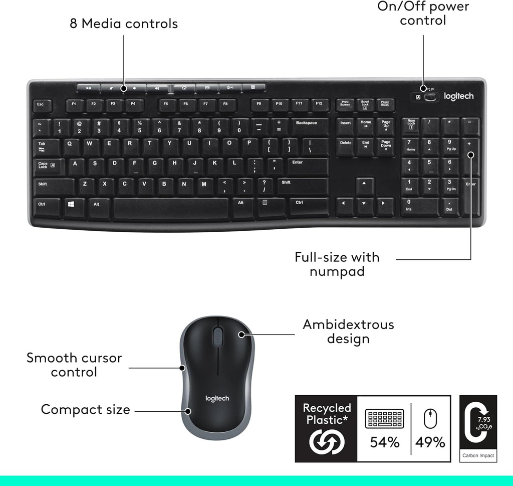 MK270 Wireless Keyboard and Mouse Combo for Windows, 2.4 Ghz, 8 Multimedia Keys, PC, Laptop, Wireless Keyboard Compact Mouse Combo - Black