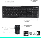 MK270 Wireless Keyboard and Mouse Combo for Windows, 2.4 Ghz, 8 Multimedia Keys, PC, Laptop, Wireless Keyboard Compact Mouse Combo - Black