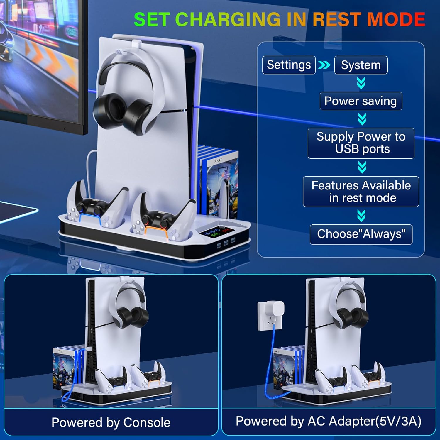 Ps5/Slim/Pro Cooling Station with Controller Charging Station for Sony PSP Console Playstation 5 Slim&Standard Disc/Digital Console, PS5 Pro Stand Cooler Accessories Incl Cooling Fan/3 USB Hubs