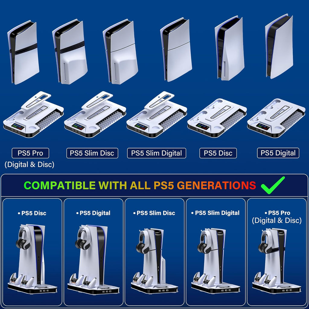 Ps5/Slim/Pro Cooling Station with Controller Charging Station for Sony PSP Console Playstation 5 Slim&Standard Disc/Digital Console, PS5 Pro Stand Cooler Accessories Incl Cooling Fan/3 USB Hubs