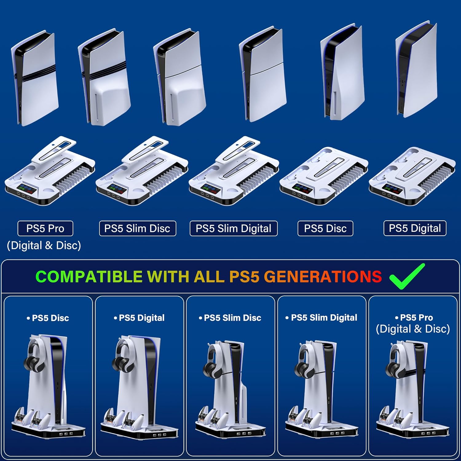 Ps5/Slim/Pro Cooling Station with Controller Charging Station for Sony PSP Console Playstation 5 Slim&Standard Disc/Digital Console, PS5 Pro Stand Cooler Accessories Incl Cooling Fan/3 USB Hubs