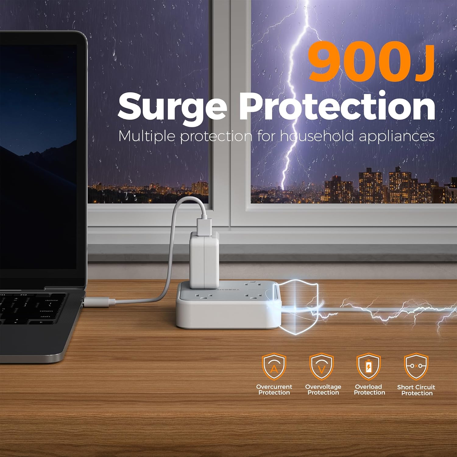 Surge Protector Flat Extension Cord 5Ft,  Flat Plug Power Strip with 4 Outlets 3 USB Ports (1 USB C), 900 Joules Protection, Multiple Wall Outlet Extender Suitable for Home Office Dorm, Grey