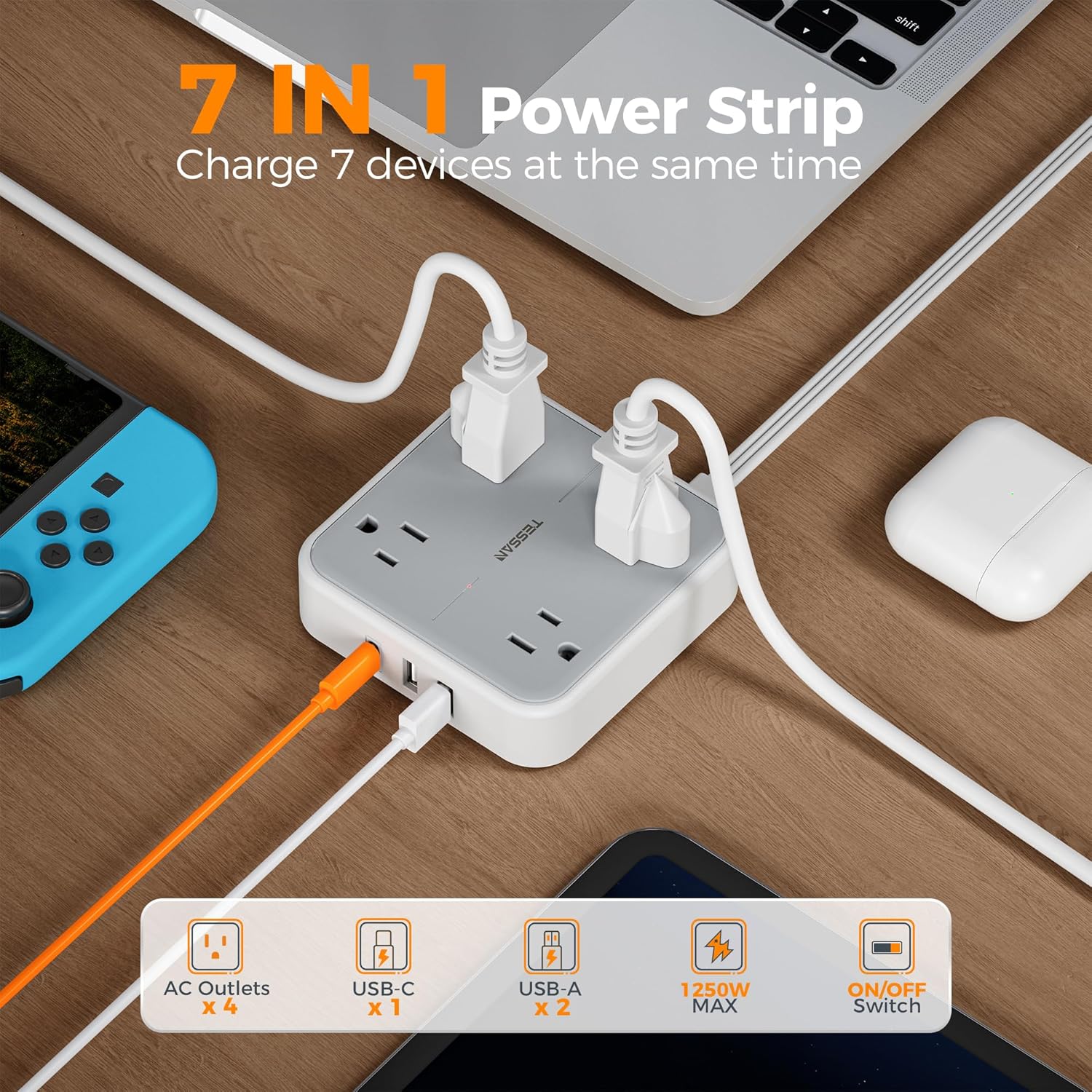 Surge Protector Flat Extension Cord 5Ft,  Flat Plug Power Strip with 4 Outlets 3 USB Ports (1 USB C), 900 Joules Protection, Multiple Wall Outlet Extender Suitable for Home Office Dorm, Grey