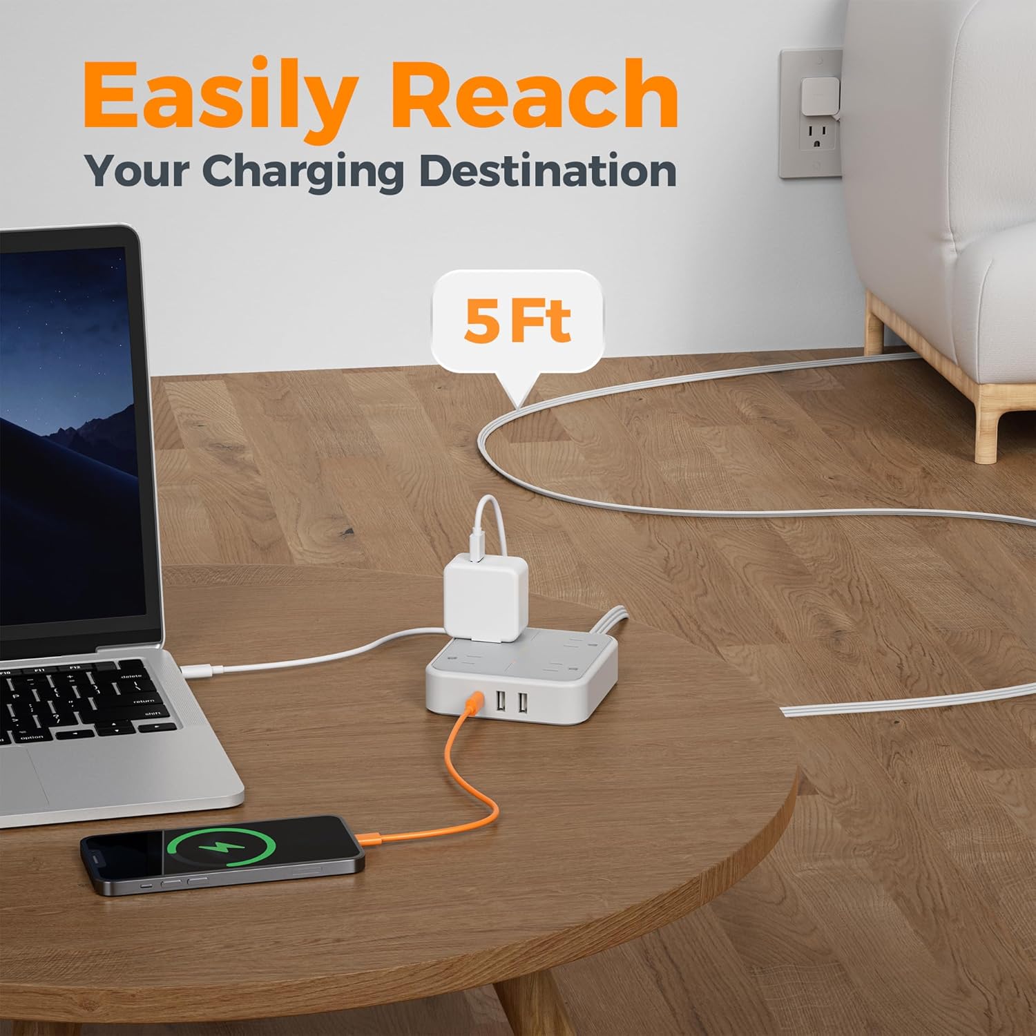 Surge Protector Flat Extension Cord 5Ft,  Flat Plug Power Strip with 4 Outlets 3 USB Ports (1 USB C), 900 Joules Protection, Multiple Wall Outlet Extender Suitable for Home Office Dorm, Grey