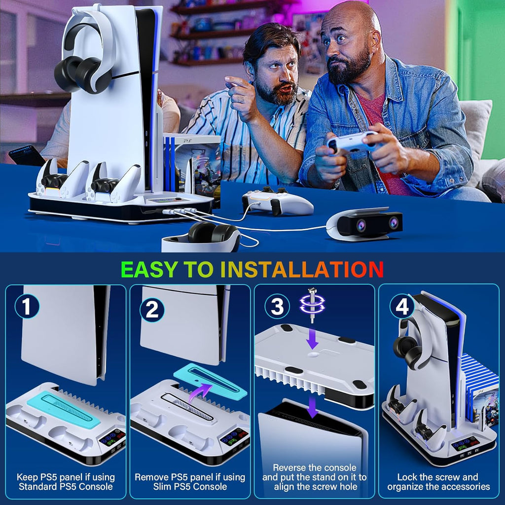 Ps5/Slim/Pro Cooling Station with Controller Charging Station for Sony PSP Console Playstation 5 Slim&Standard Disc/Digital Console, PS5 Pro Stand Cooler Accessories Incl Cooling Fan/3 USB Hubs