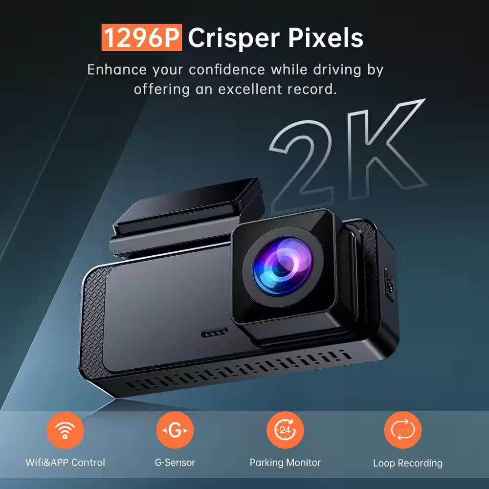 1296P HD Wifi Dash Camera with Night Vision, Loop Recording, and Parking Mode