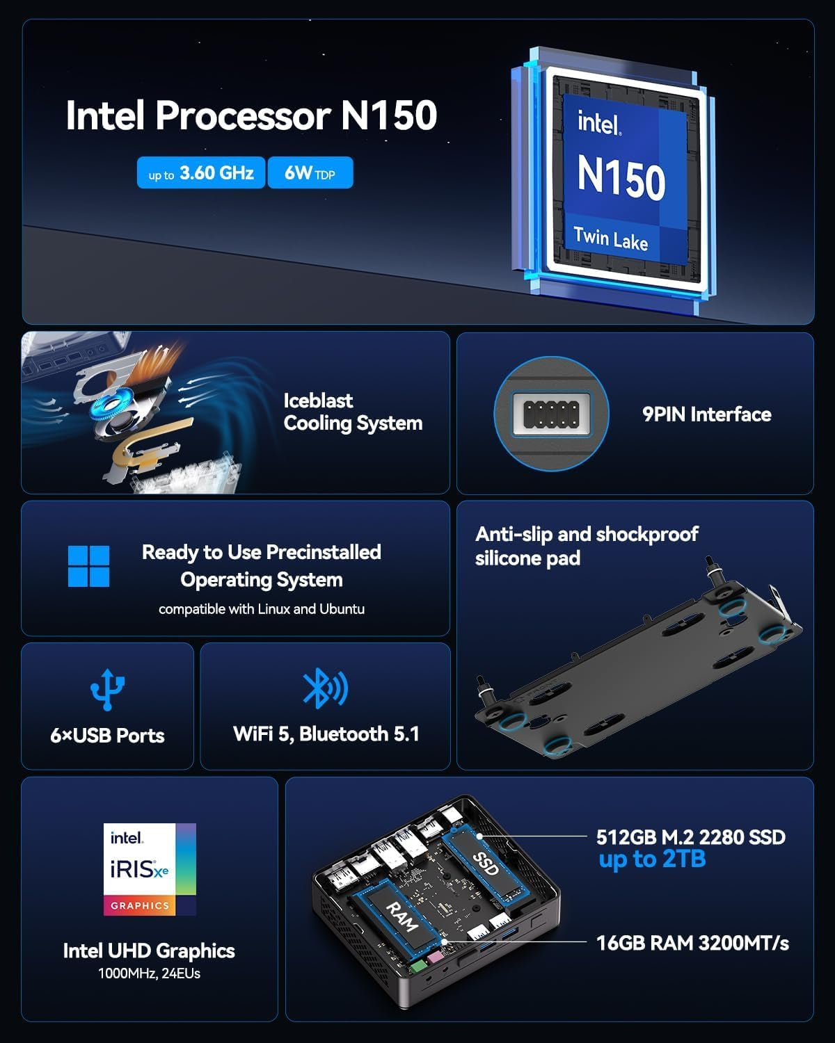 Air12 Lite Mini PC (3-Year Quality Support),With 12Th Gen Intel N150 (Upgraded N100),16GB RAM 512GB Nvme Pcie M.2 SSD,6 USB Ports 9-Pin Mini Desktop Computer for Home/Business/Office
