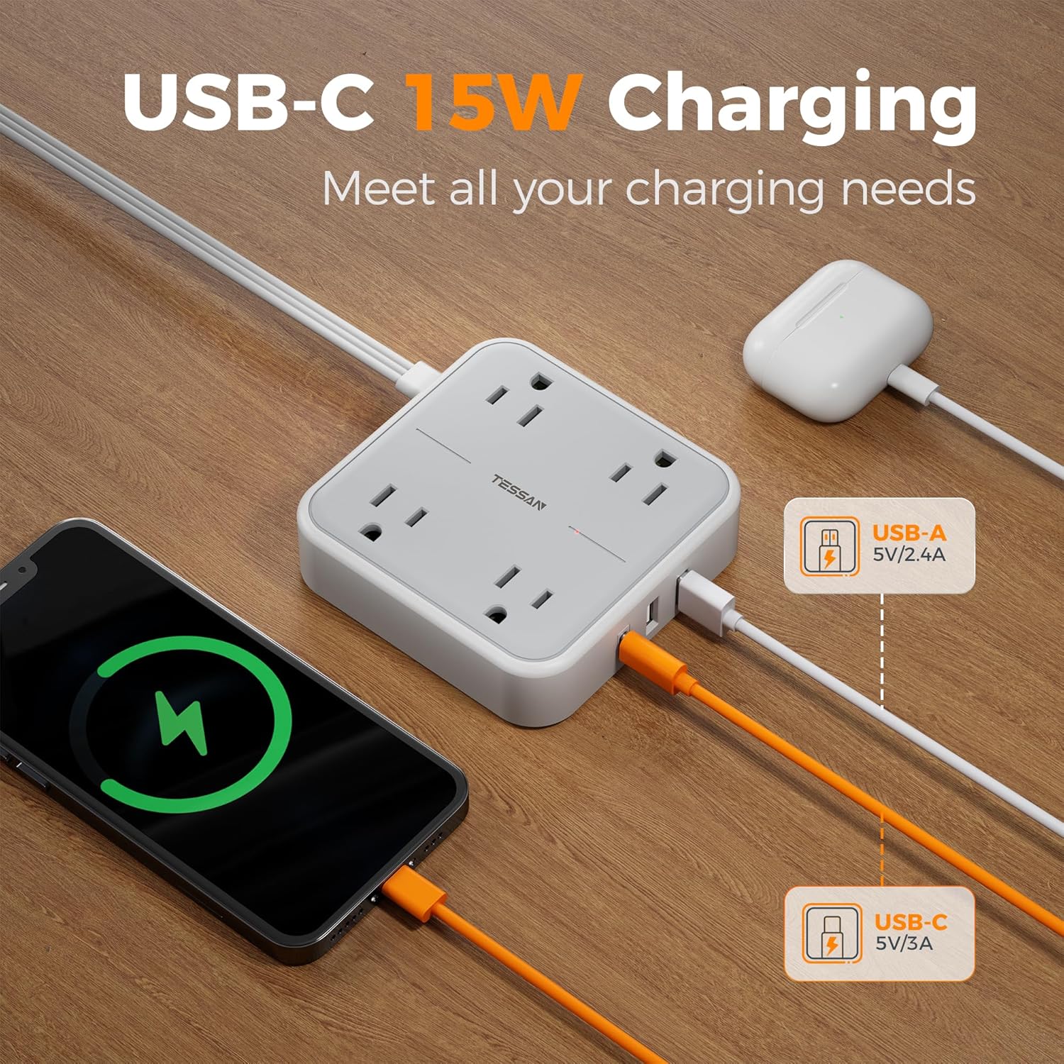 Surge Protector Flat Extension Cord 5Ft,  Flat Plug Power Strip with 4 Outlets 3 USB Ports (1 USB C), 900 Joules Protection, Multiple Wall Outlet Extender Suitable for Home Office Dorm, Grey