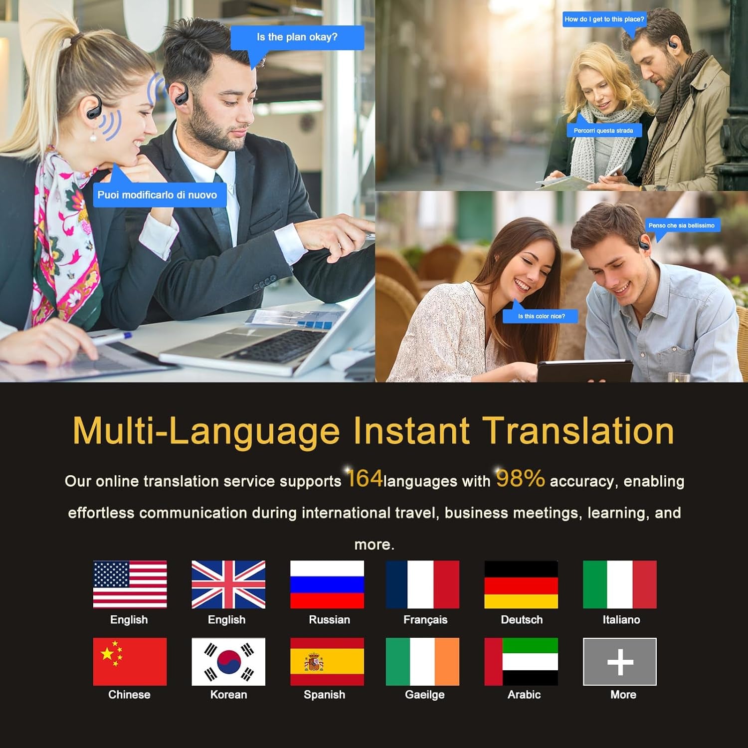 AI Translation Earbuds Real Time, 164 Language Translator Earbud 3-In-1 Bluetooth 5.4 Translator Earbuds with 6 Translation Modes, 75H Translators Headphones with APP for Travel Business, Black