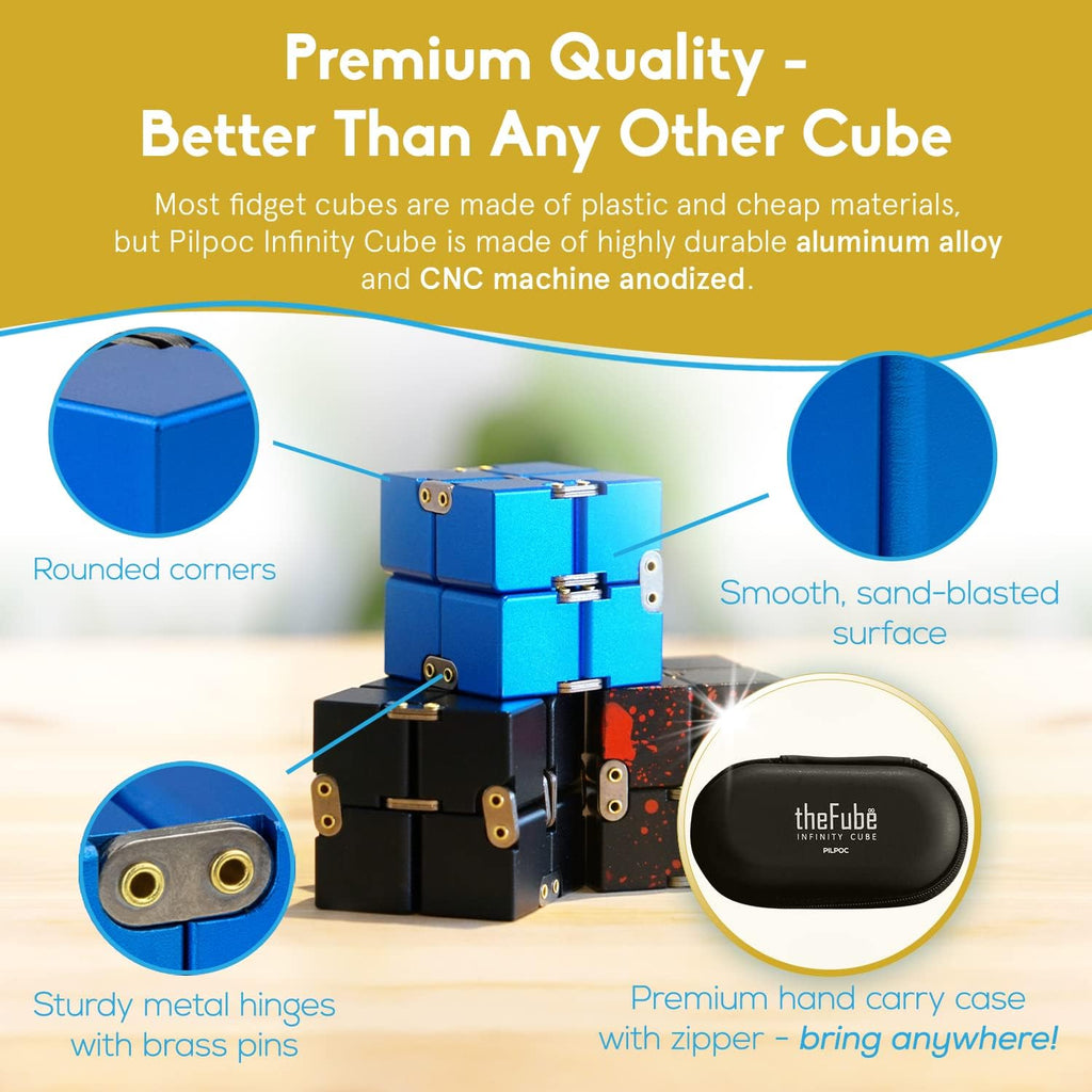 Thefube Infinity Cube Fidget Toys Adults - Aluminum Infinite Magic Cube with Case, Sturdy, Heavy, Relieve Stress and Anxiety, for ADD, ADHD, OCD (Black)