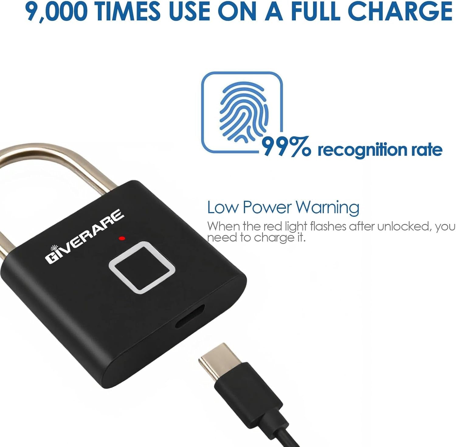 Fingerprint Smart Padlock, Biometric Metal Keyless Thumbprint Lock Alloy, USB Rechargeable, Quick Unlock Waterproof Rustproof Locks for Warehouses, Gym, Homes, Office, School Locker, Luggage-Black